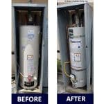 This gas water heater had been installed outside in a small covering.